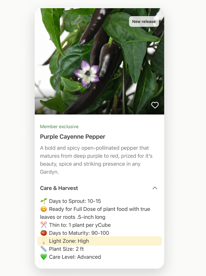 A Gardyn seed card for Purple Cayenne Pepper showing a plant photo, description, and a Care & Harvest list. The Light Zone: High row sits fifth in the list, highlighted in amber.