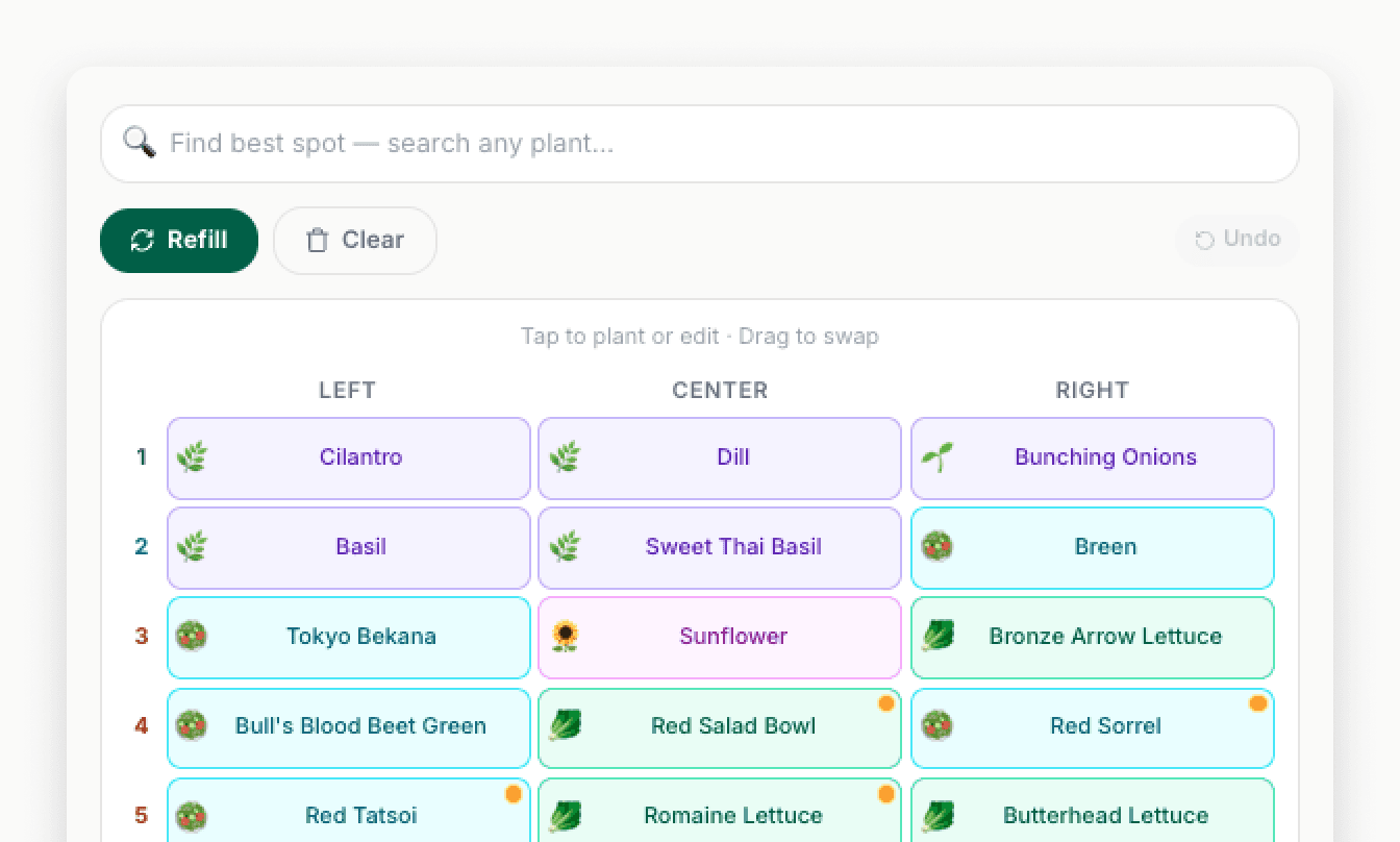 The Maps view in My Pod Planner, showing a three-column grid of pod slots labeled LEFT, CENTER, and RIGHT, with plant names and icons in each slot color-coded by light zone preference. Above the grid are a 'Find best spot' search input and Refill, Clear, and Undo controls.