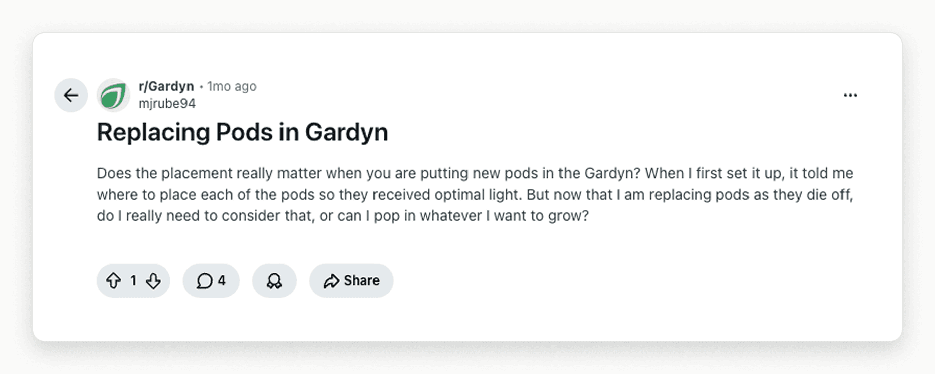 A Reddit screenshot of an r/Gardyn post titled 'Replacing Pods in Gardyn' that asks whether pod placement still matters when replacing pods as they die off, or whether owners can put any plant anywhere.
