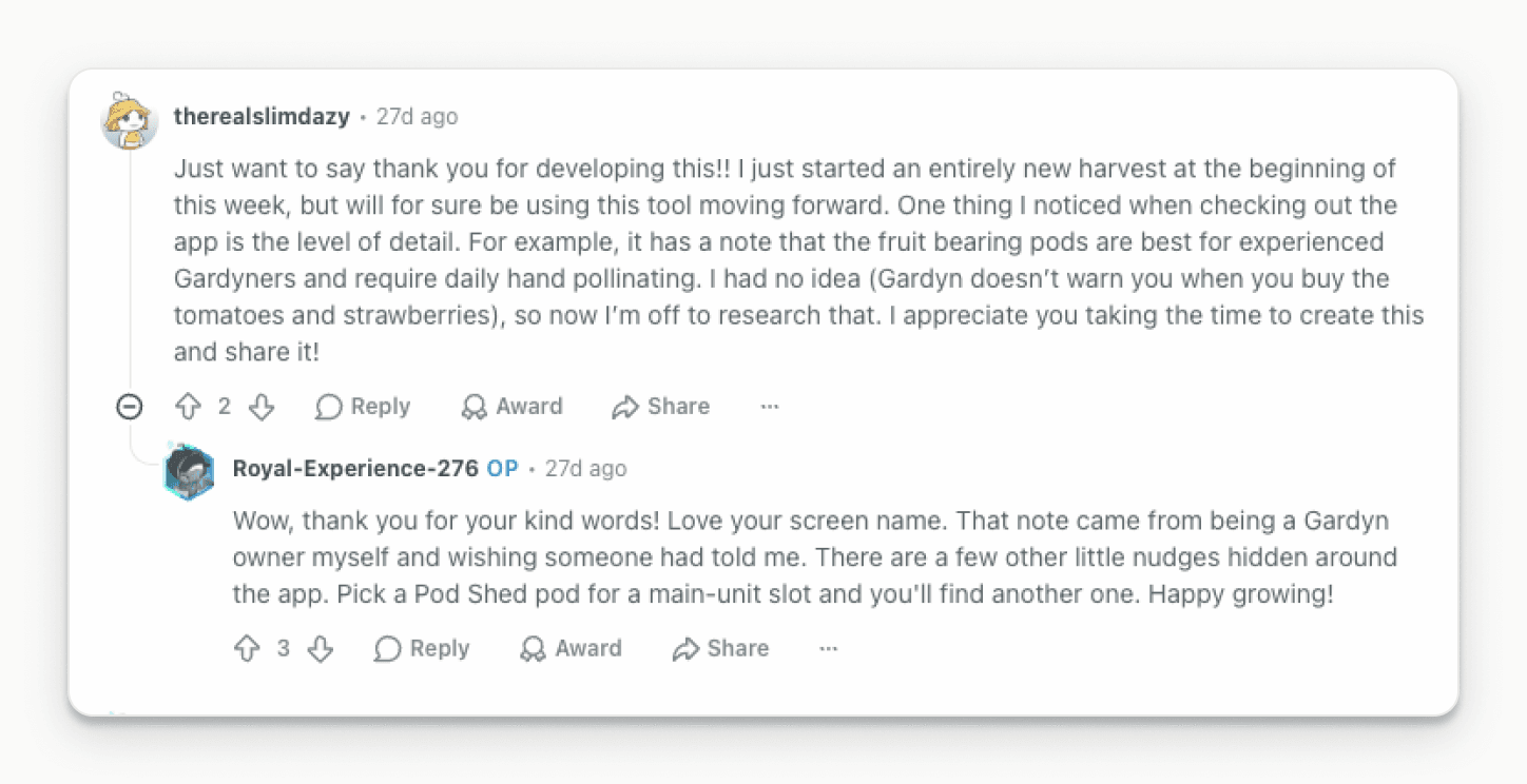 Reddit thread: a user thanks me for the planner's in-app warnings about experienced-grower-only plants. My reply notes the warnings came from being a Gardyn owner myself.
