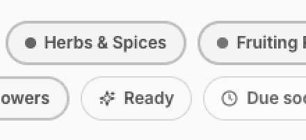 Colored category tag pills (Fruiting Plants, Vegetables, Due soon, Existing) shown below the planner map. Users clicked these expecting filtering, but they were non-interactive.