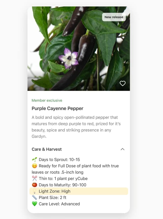 A Gardyn seed card for Purple Cayenne Pepper showing a plant photo, description, and a Care & Harvest list. The Light Zone: High row sits fifth in the list, highlighted in amber.