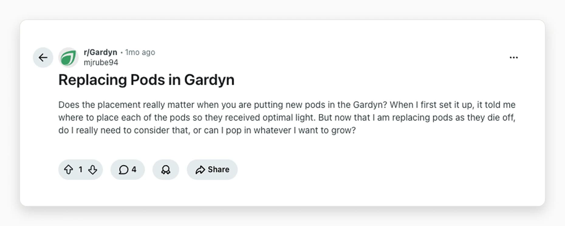 A Reddit screenshot of an r/Gardyn post titled 'Replacing Pods in Gardyn' that asks whether pod placement still matters when replacing pods as they die off, or whether owners can put any plant anywhere.
