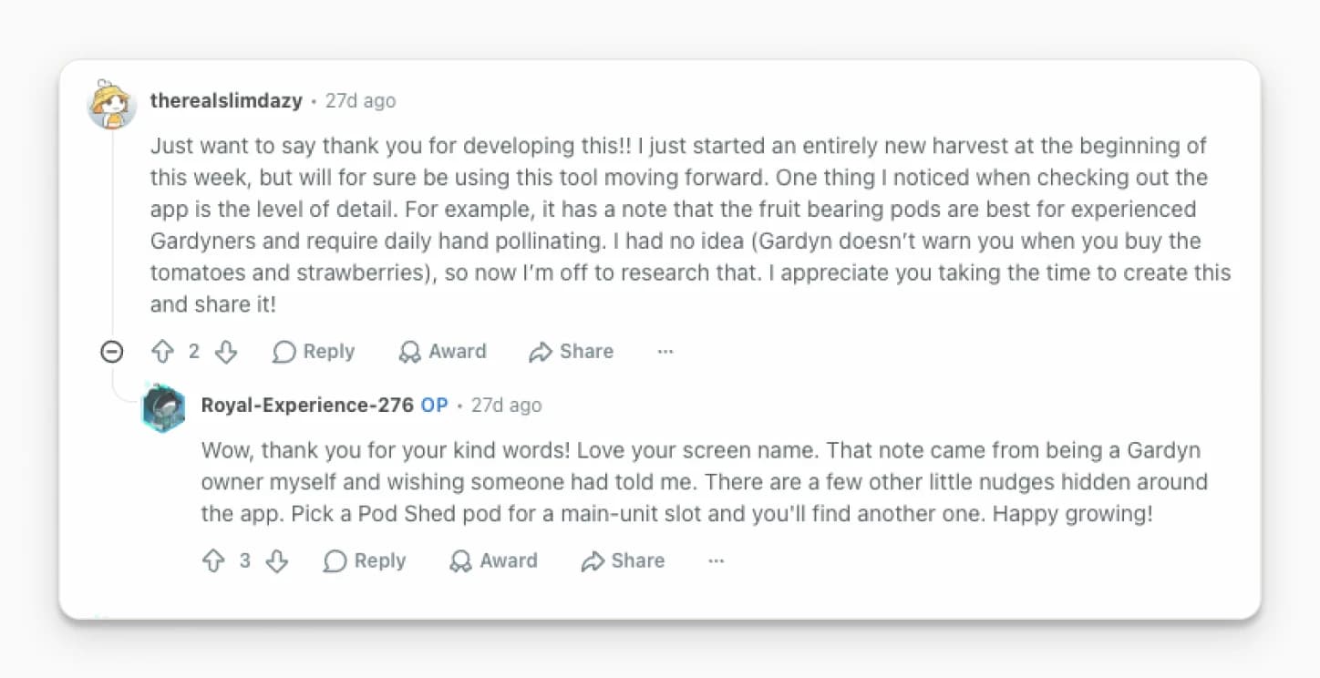 Reddit thread: a user thanks me for the planner's in-app warnings about experienced-grower-only plants. My reply notes the warnings came from being a Gardyn owner myself.
